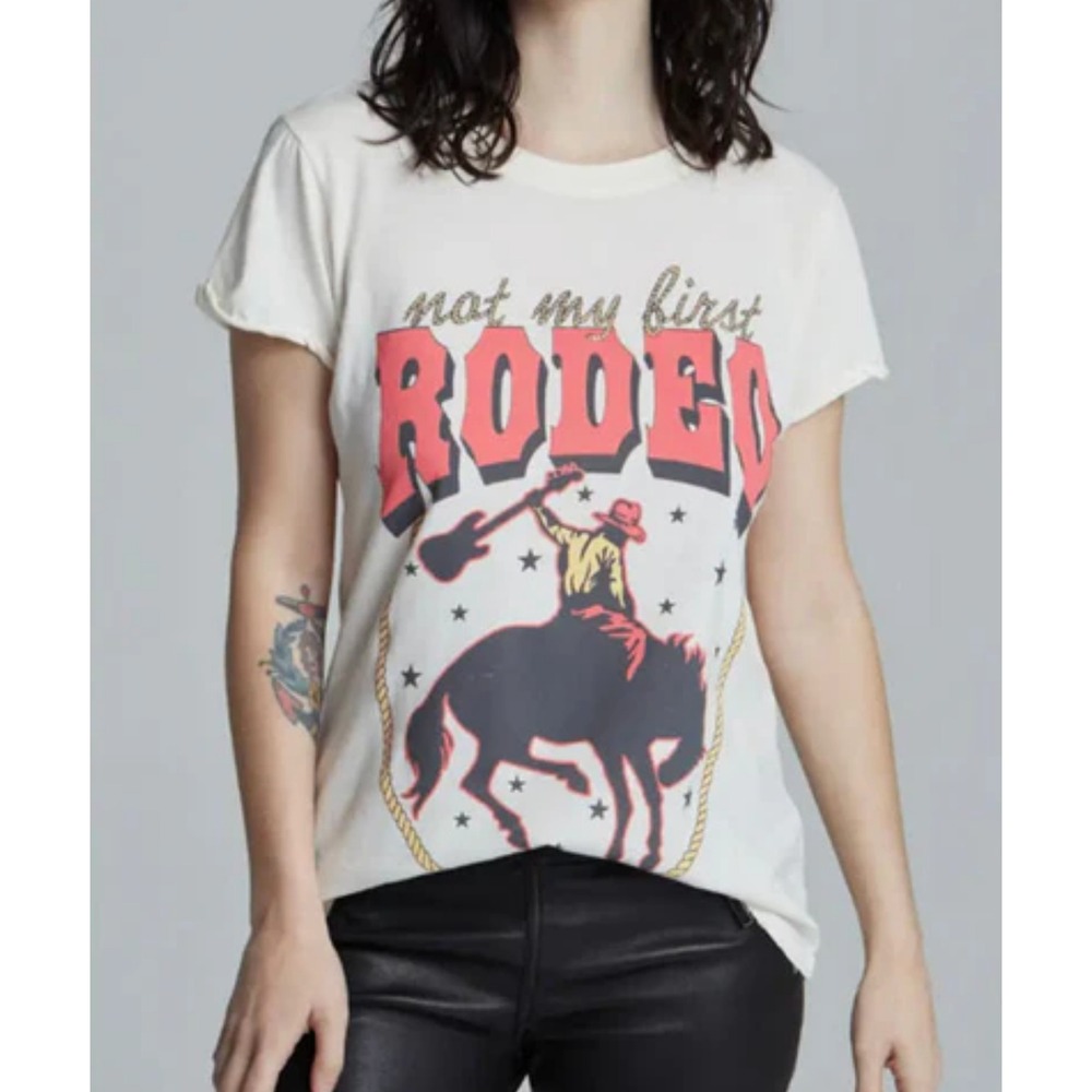 Recycled Karma Not My First Rodeo Distressed Graphic T-Shirt,Cream Pink, M(NWOT)